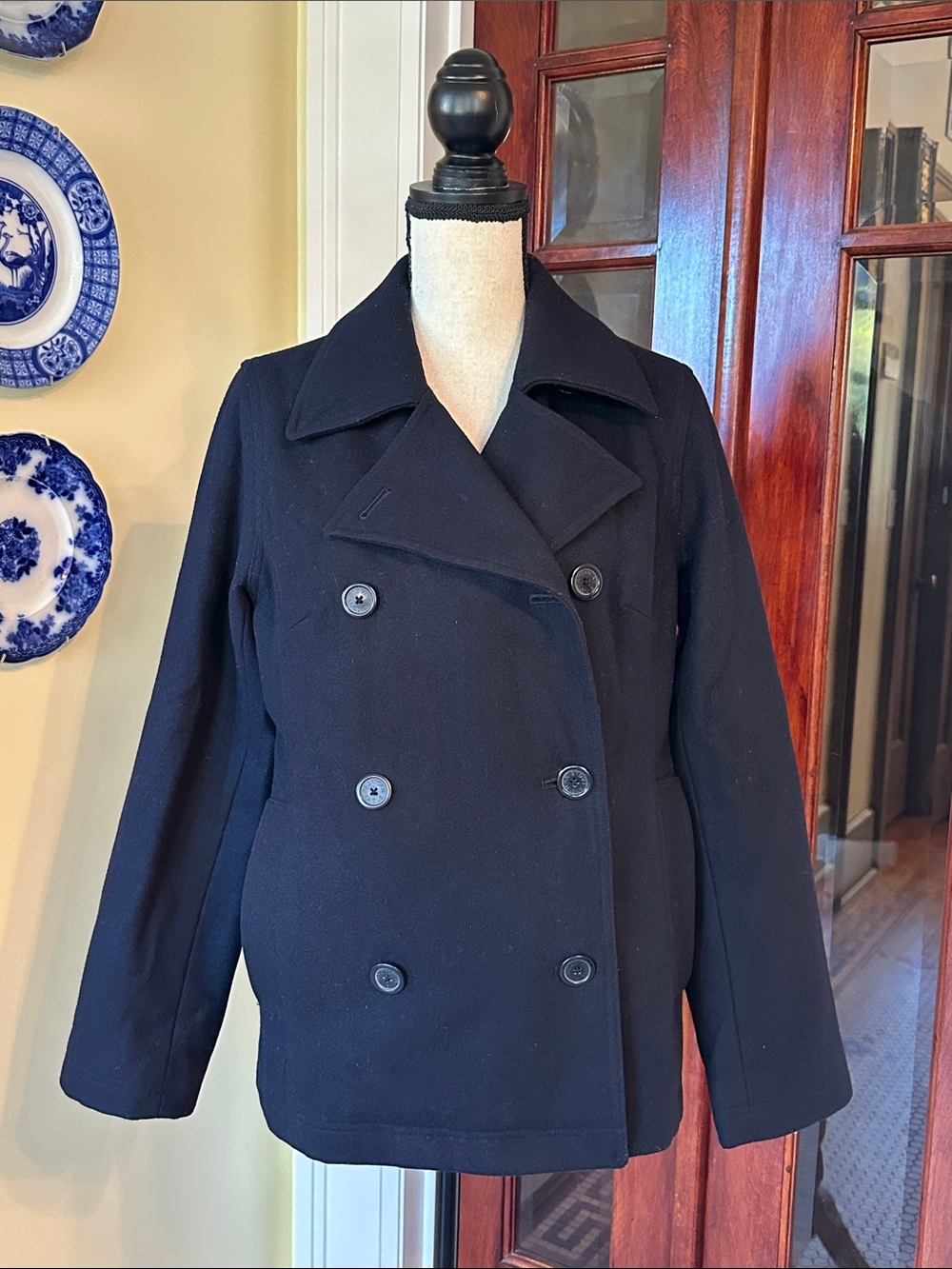 American Eagle | Black Wool Blend Double Breasted Pea Coat, Size M
